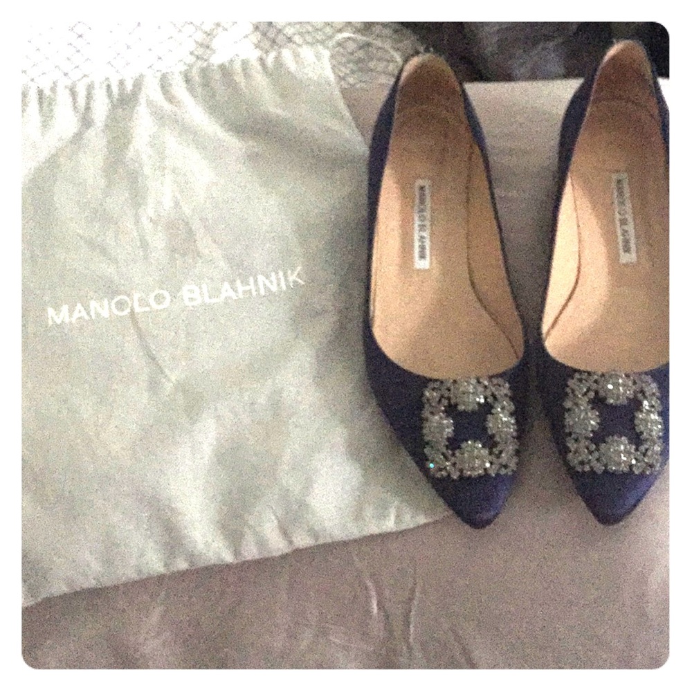 Manolo Blahnik Hangisis Crystal Buckle Satin Flat